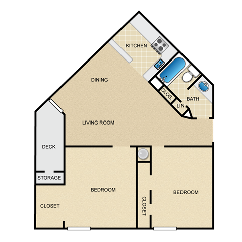Floor plan for 2 beds, 1 bath, 750 sqft
